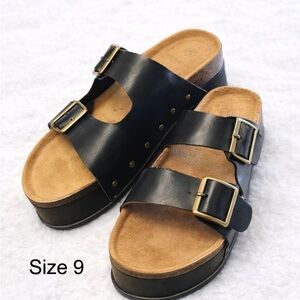 Black Double Strap Buckle Platform Sandals